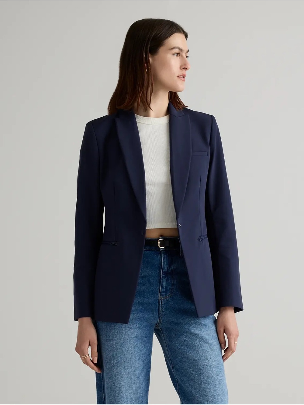 Quince Navy Tailored Women's Blazer - Classic Workwear Jacket & Hoodie Insert